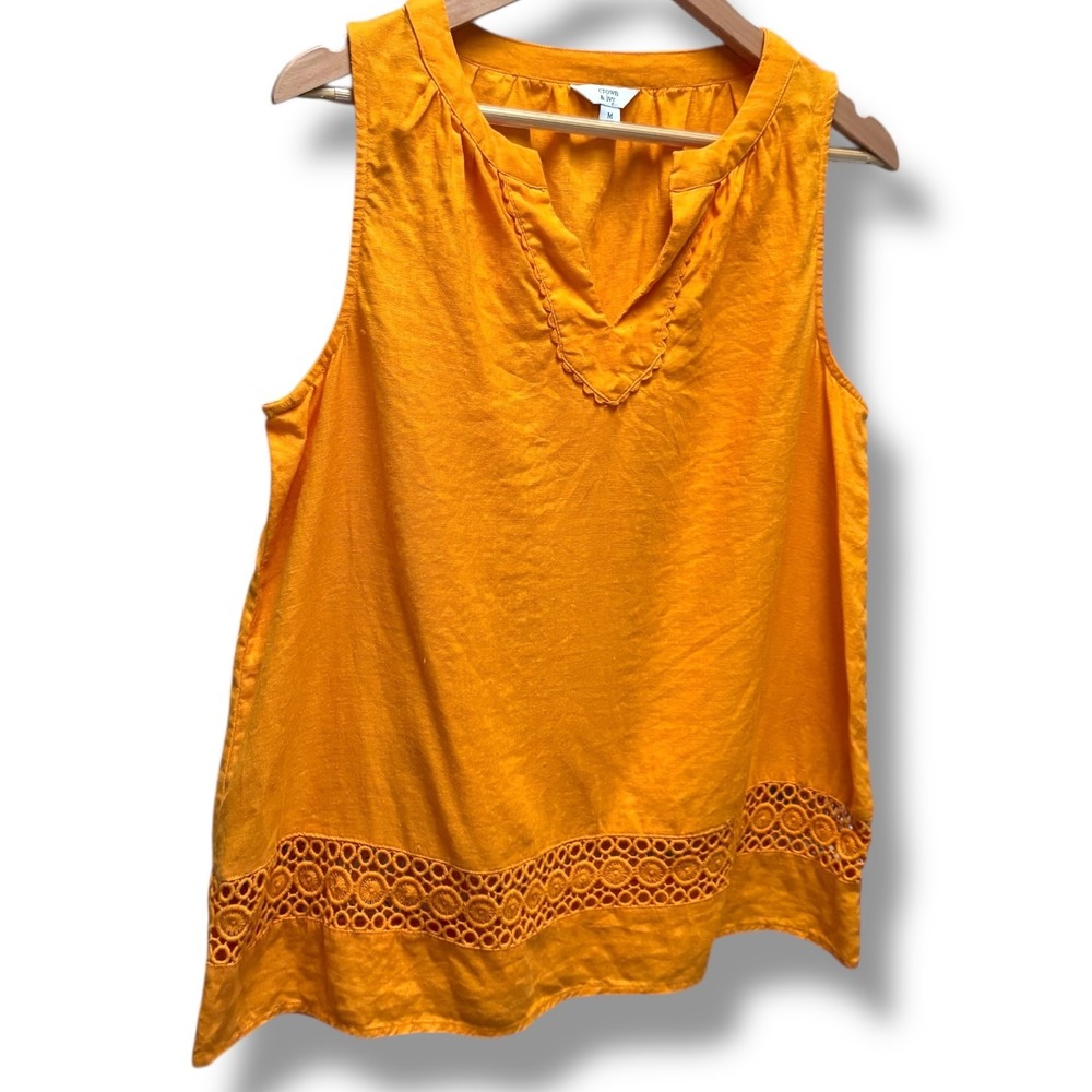 Crown & Ivy Womens Marigold‎ Orange 100% Linen Eyelet Lace Sleeveless Top M - Picture 3 of 8